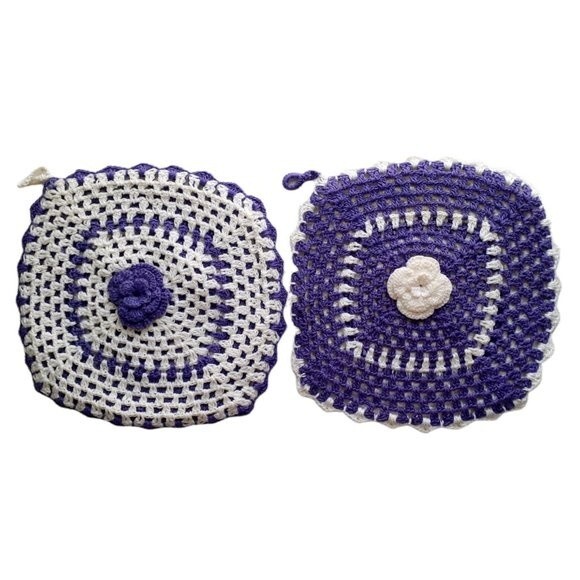Hand Crocheted Pot Holder Hot Pad Trivet Deco Flower White Purple 8" - Picture 1 of 9